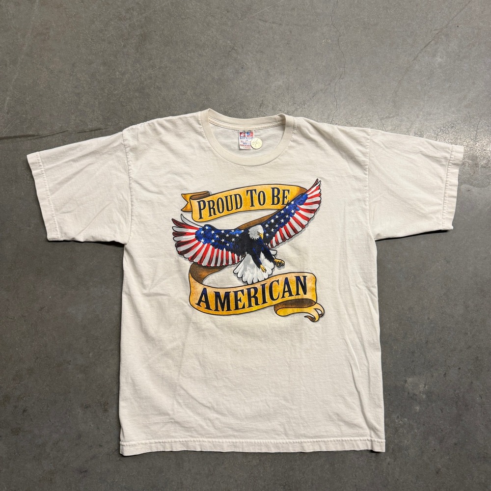 Bayside Proud To Be American Eagle Graphic T-Shirt Mens Large White Made in USA